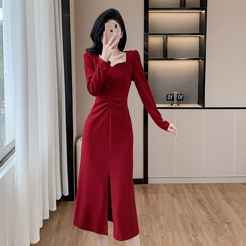 가을 스퀘어 칼라 슬림핏 롱 피쉬테일 원피스 엘라스틱 슬릿 디자인 여성 드레스 심플한 스타일 하객룩 여성원피스 - 상세 이미지 4