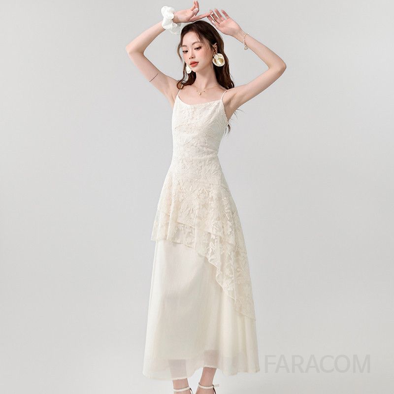 레이스 자수 불규칙 롱 서스펜더 드레스 여성 여름 원피스 프렌치 스타일 바캉스룩 휴양지룩 시원한 착용감 데일리 패션 - 상세 이미지 4