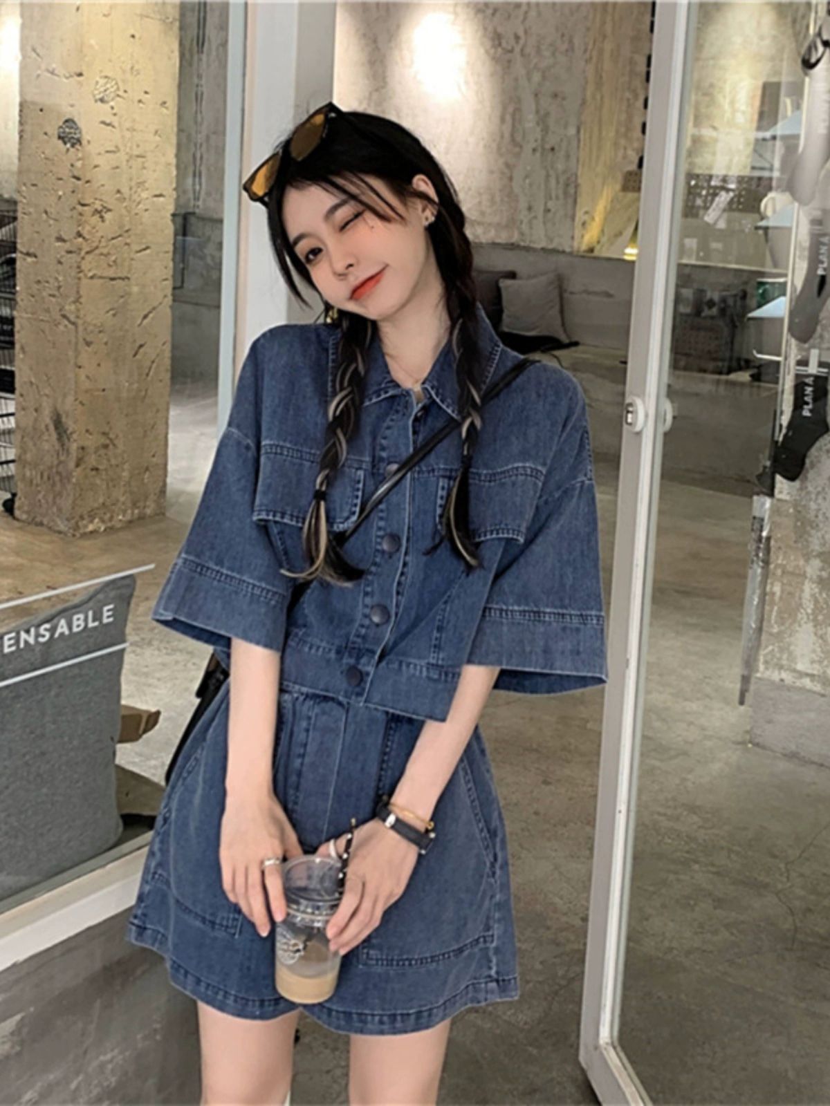 여름 귀여운 캐주얼 반팔 데이트룩 숏 상하의 세트 반바지 밴딩 데님 블루 S사이즈 40.0-47.5kg추천 - 상세 이미지 2