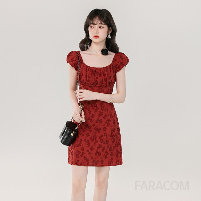 레드 플라워 퍼프 슬리브 미니 A라인 드레스 여름 파티룩 슬림핏 스퀘어넥 스타일 여성스러운 디자인 데일리 착용감 좋고 시원한 분위기 연출 - 상세 이미지 3