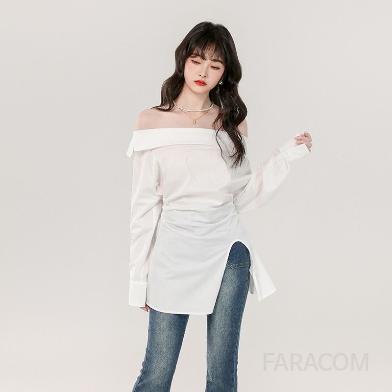 화이트 블라우스 여성 가을 허리 슬릿 긴팔 셔츠 스타일리시한 디자인 데일리 룩 고급스러운 착용감 캐주얼한 외출용 - 상세 이미지 2
