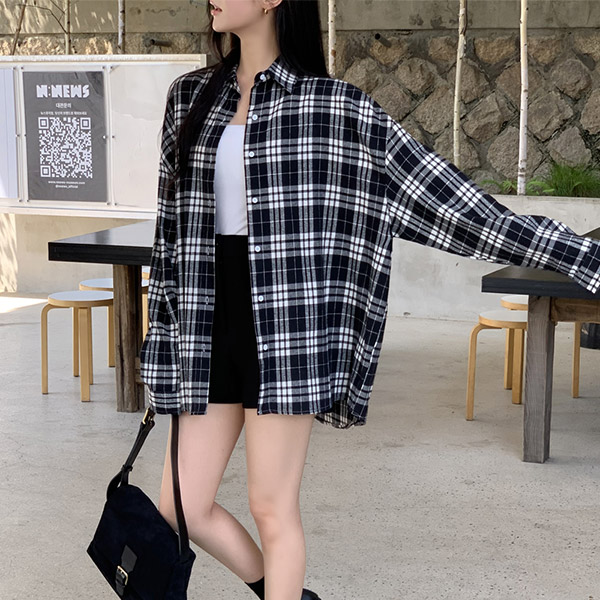 [자체제작] (MADE체형커버휘뚤마뚤지금부터 오버핏 코튼 체크 셔츠 남방 bs8326