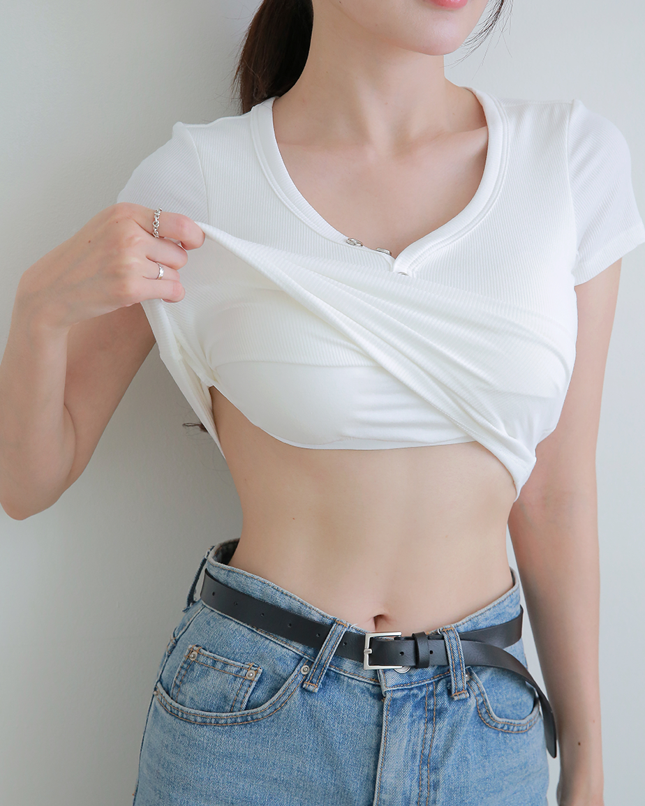 DDO 여성 볼륨핏 노브라티 패드 캡내장 베이직 U넥 골지 헨리넥 반팔티 간절기 이너 루앙 - 상세 이미지 3