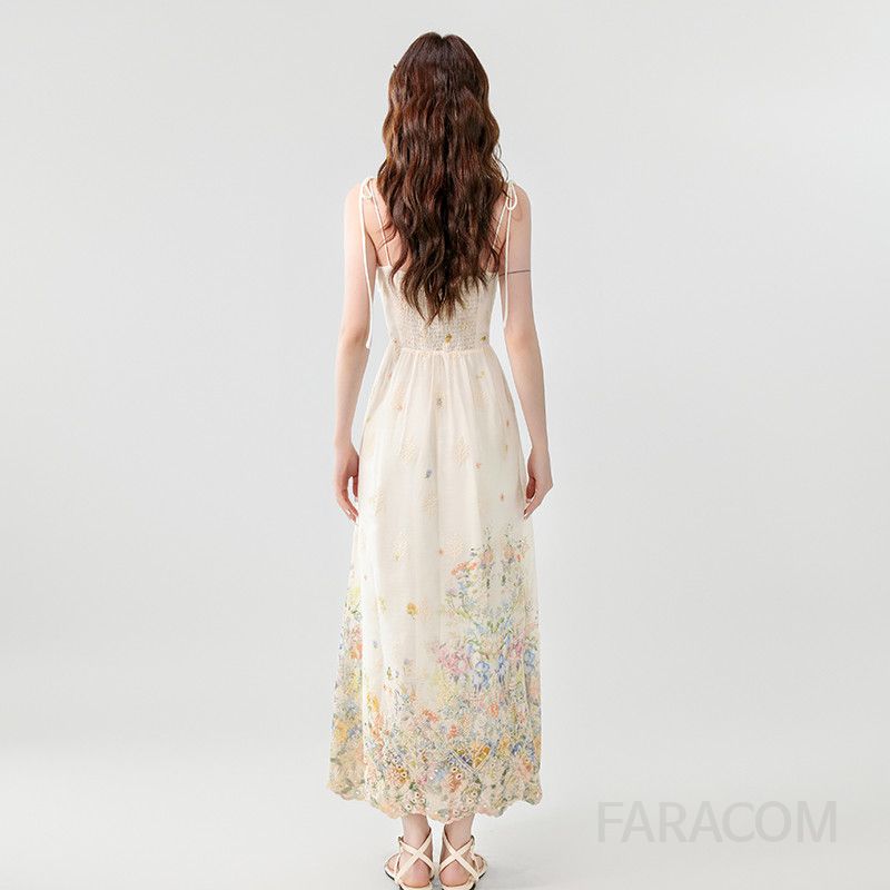 여성 여름 롱원피스 V넥 슬림핏 자수 프린트 서스펜더 드레스 로맨틱 스타일 데일리룩 바캉스룩 휴양지룩 시원한 착용감 - 상세 이미지 5