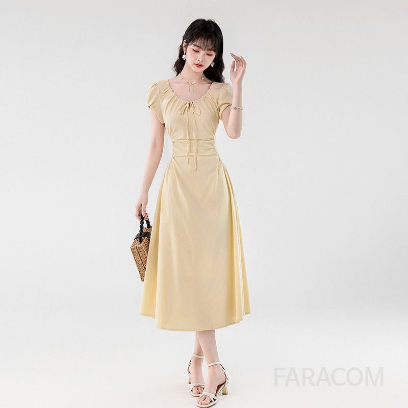 여성 여름 드로스트링 플리츠 롱원피스 탄력 허리 슬림핏 데일리룩 한국 스타일 시원한 착용감 바캉스룩 활용 가능 - 상품 이미지