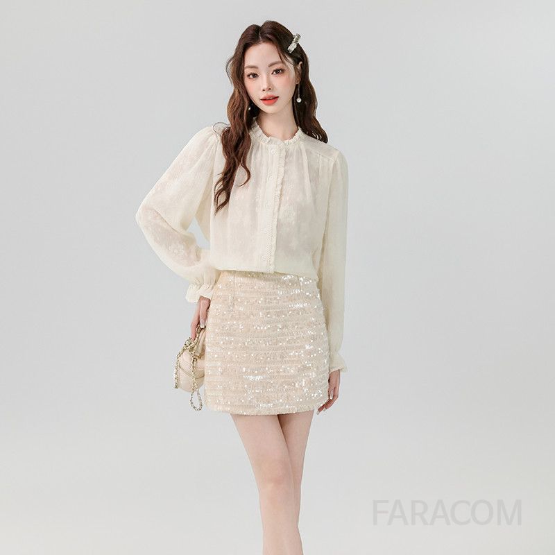 러플 퍼프 슬리브 레이스 블라우스 여름 시스루 여성블라우스 세트 스타일리시한 디자인 예쁜 캐주얼 쉬폰 탑과 스팽글 스커트 매치 40대 데일리룩 - 상세 이미지 5