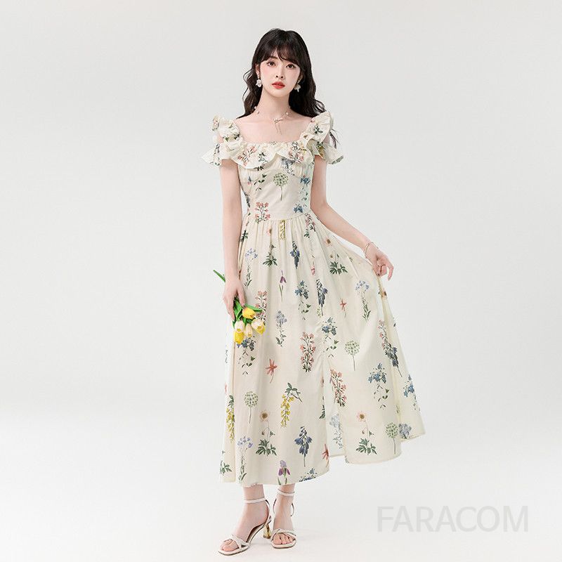 여성 여름 플로럴 롱원피스 스퀘어넥 연꽃잎 소매 슬림핏 바캉스룩 휴양지룩 시원한 착용감 데일리 스타일링 가능한 쉬폰 드레스 - 상품 이미지