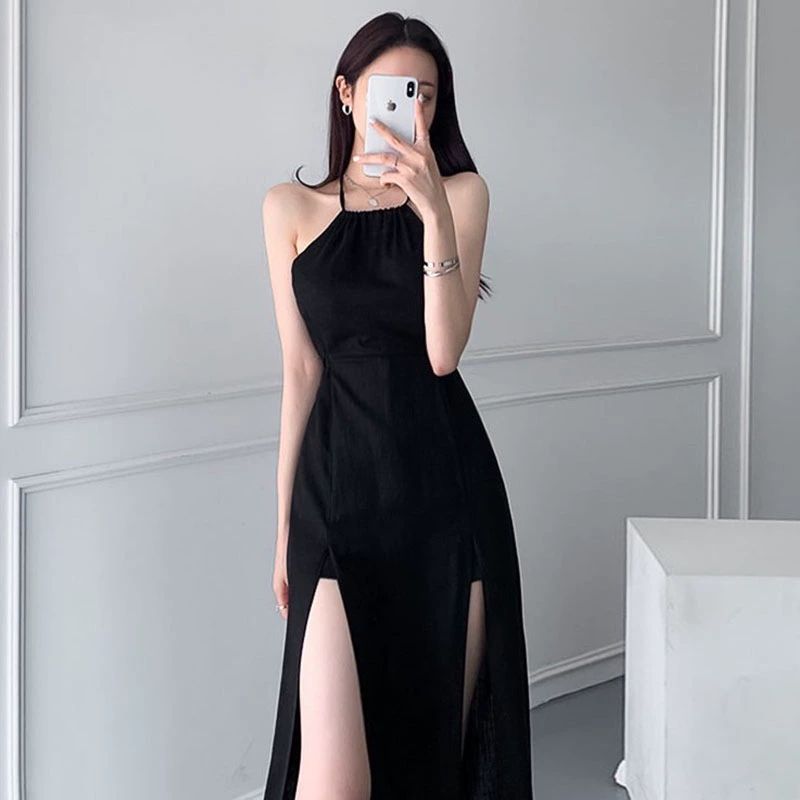 민소매 슬림 원피스 여름 바캉스 끈나시 슬리브리스 썸머 여름원피스 롱원피스 휴양지원피스 블랙 프리사이즈 - 상품 이미지