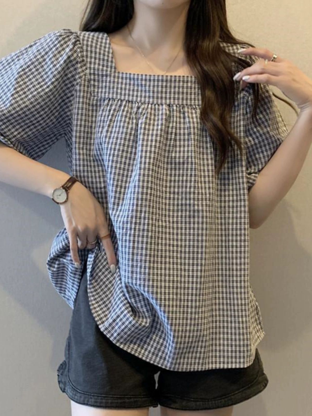 스퀘어넥블라우스 퍼프셔츠 빅사이즈 반팔 숏 여름 하객룩 여성셔츠 티블라우스 셔츠블라우스 체크무늬 M 60.0kg 이내 - 상세 이미지 4