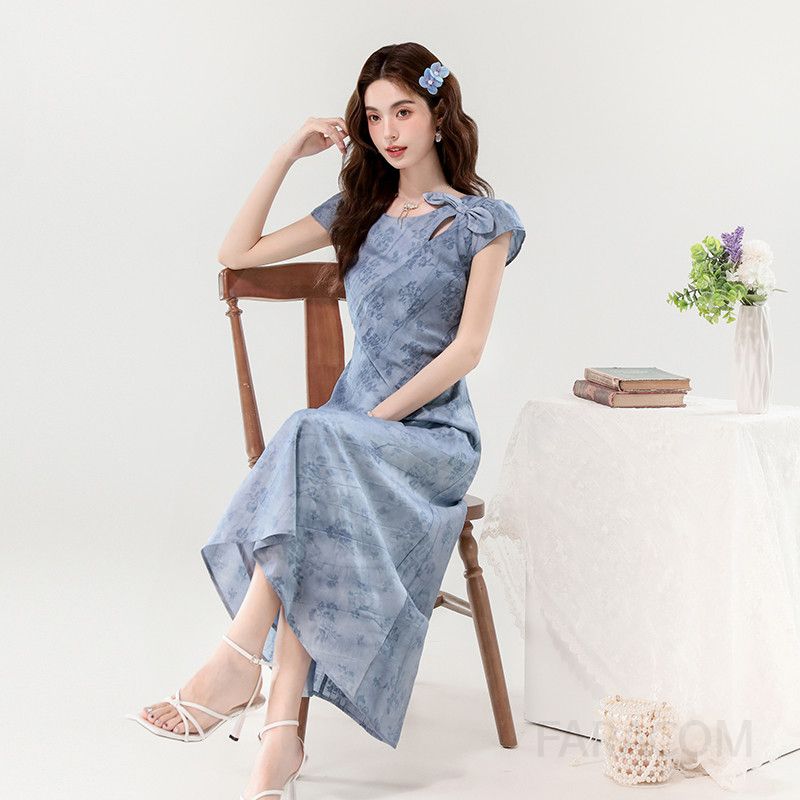 여름 타이다이 롱드레스 여성 여름원피스 우아한 리본 슬리밍 스타일 바캉스룩 휴양지원피스 상큼한 디자인 데일리룩 시원한 착용감 - 상세 이미지 5