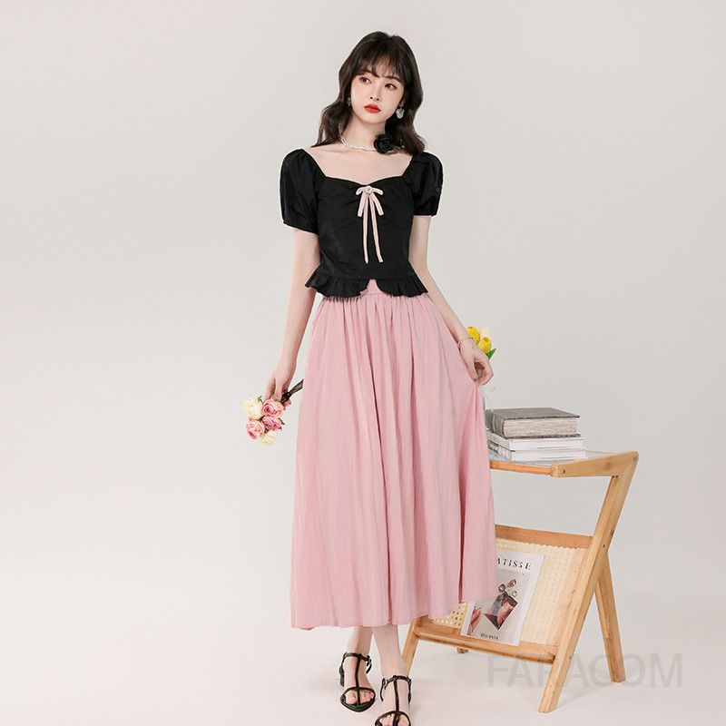 스퀘어 칼라 퍼프 소매 여성 투피스 세트 여름 정장 스타일 하객룩 원피스 리본 디테일 프린세스 감성 데일리룩 세련된 디자인 - 상세 이미지 5