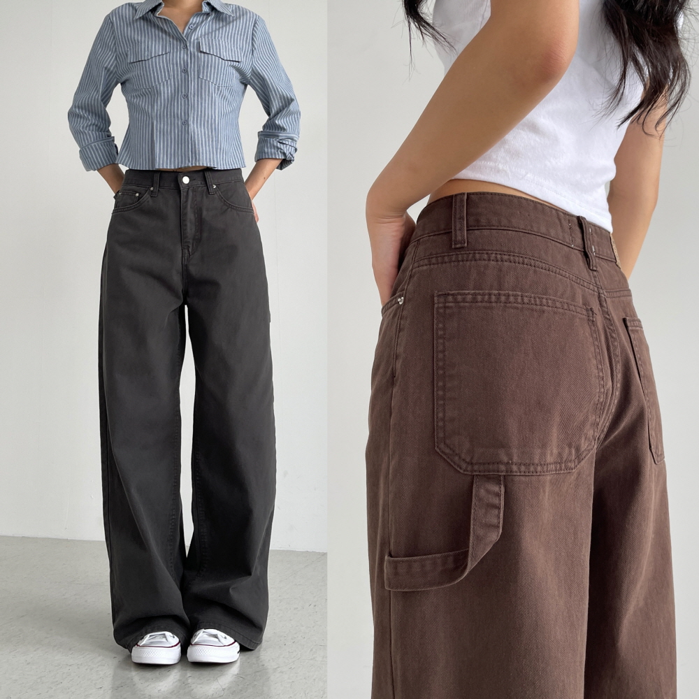 여성 와이드팬츠 가을 면 코튼 차콜 브라운바지 테라워크팬츠