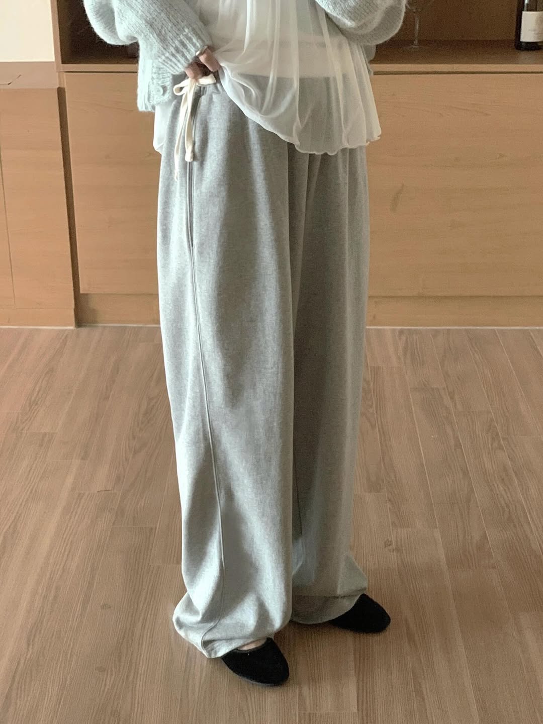 [사계절 팬츠] 옆 사이드 리본 밴딩 캐주얼 트레이닝 츄리닝 러블리 와이드 쭈리 팬츠 - 상품 이미지