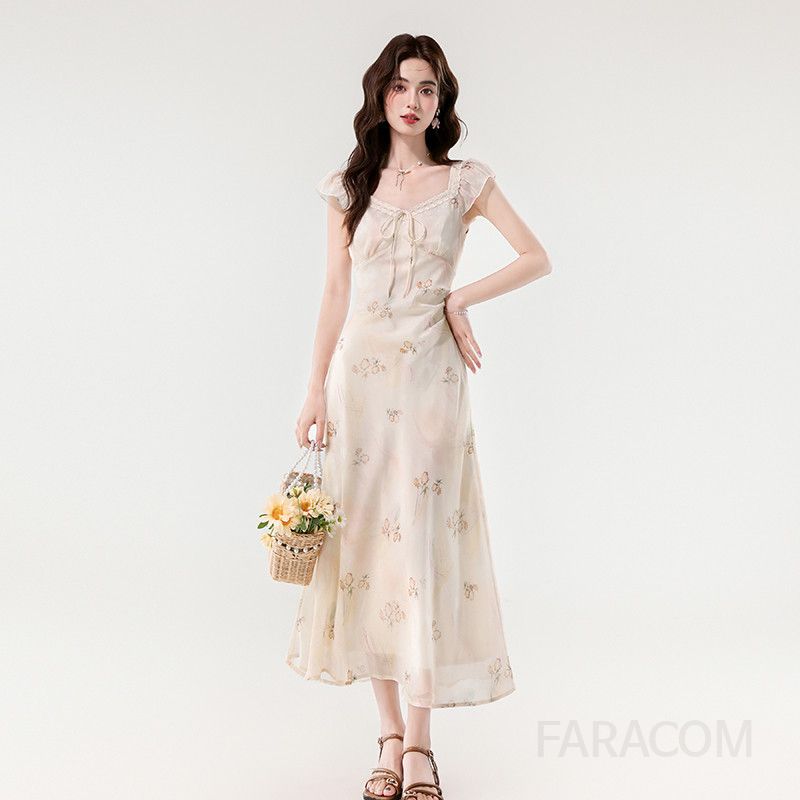 여름 프렌치 스타일 V넥 레이스 슬림 롱 원피스 여성 비치웨어 바캉스룩 민소매 드레스 시원한 착용감 여행룩 - 상품 이미지