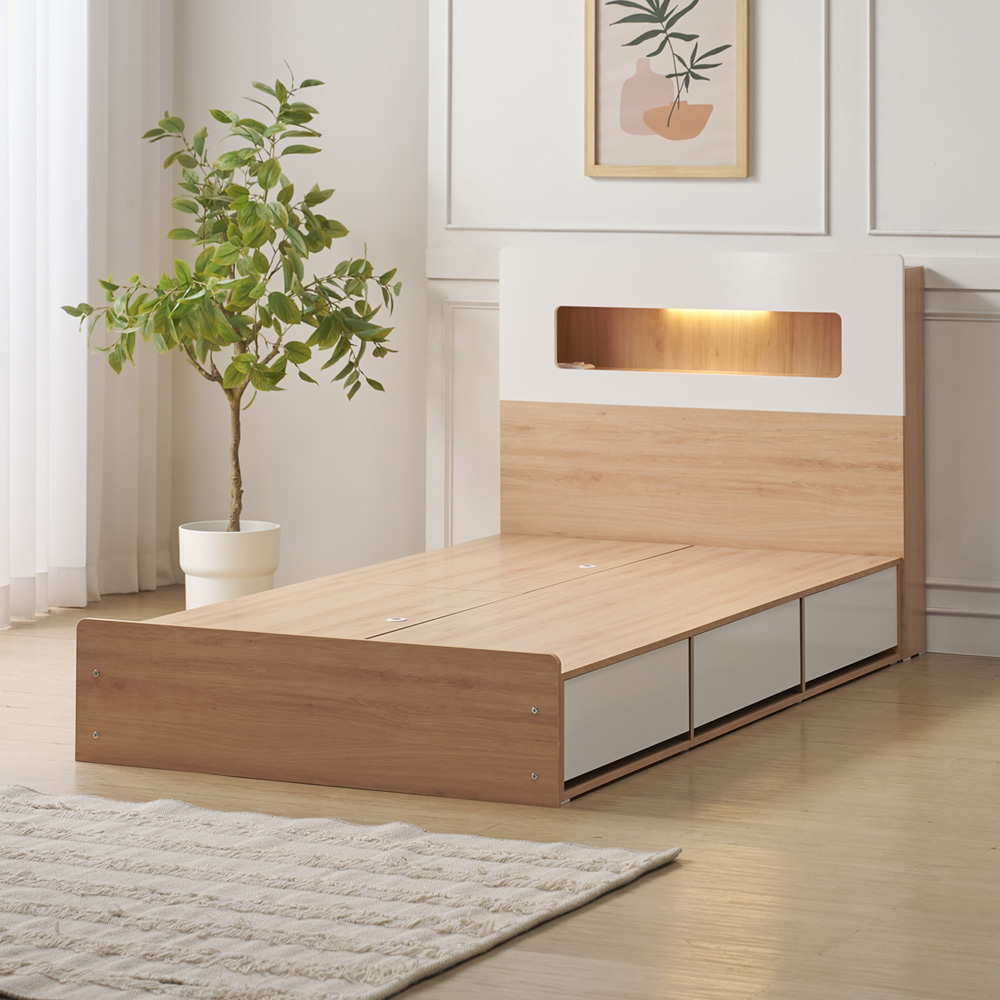 벨루나 침대프레임 4서랍 수납 LED 침대 헤드형, SS(슈퍼싱글), 화이트