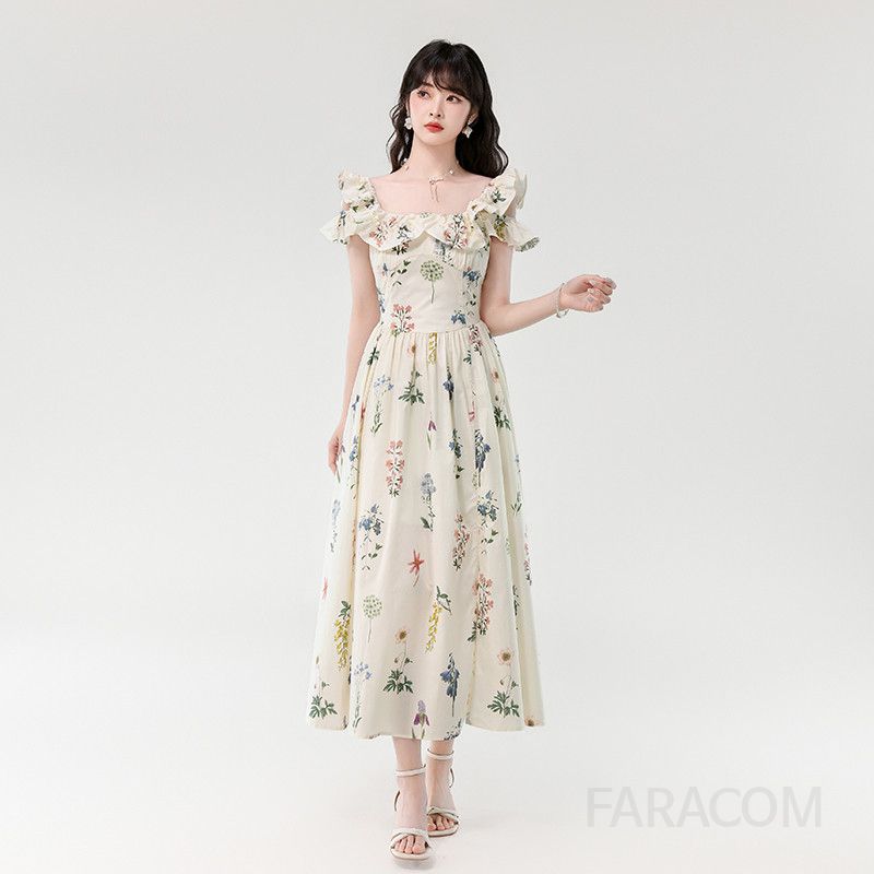 여성 여름 플로럴 롱원피스 스퀘어넥 연꽃잎 소매 슬림핏 바캉스룩 휴양지룩 시원한 착용감 데일리 스타일링 가능한 쉬폰 드레스 - 상세 이미지 3