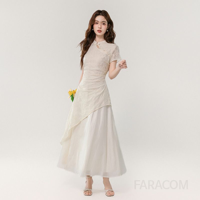 여성 여름 롱원피스 우아한 자수 드레스 가짜 투피스 디자인 시원한 착용감 불규칙한 패턴 여행용 바캉스룩 데일리 스타일 - 상품 이미지