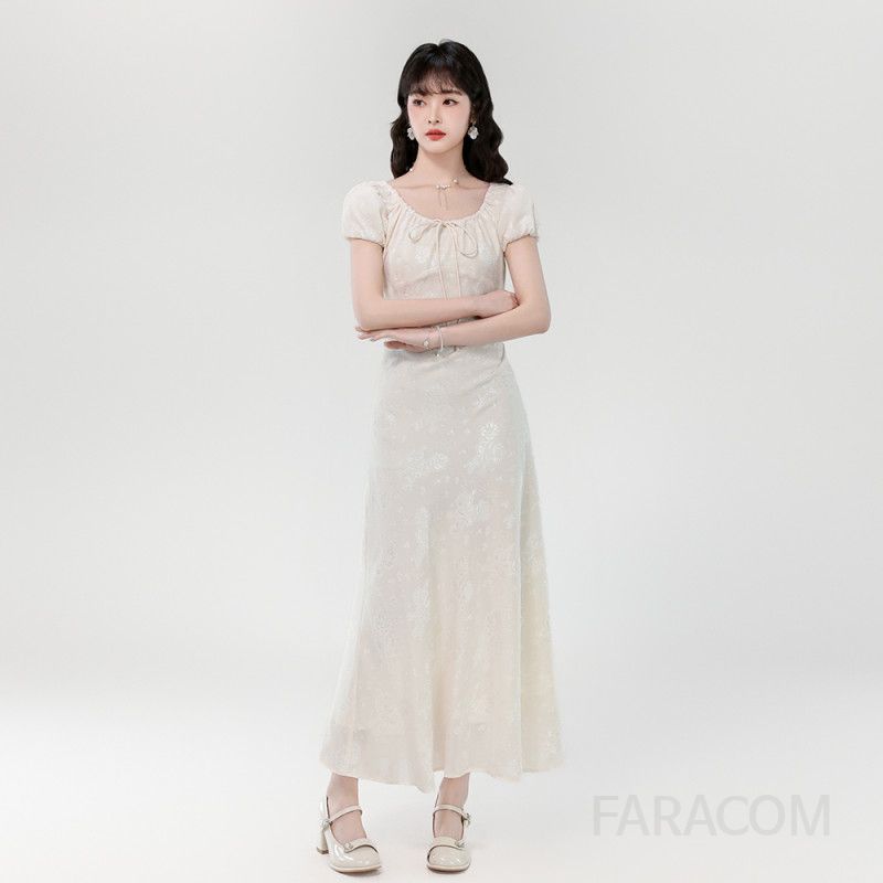 여름 여성 자카드 드로우스트링 롱 드레스 슬림핏 우아한 디자인 바캉스룩 시원한 착용감 데일리룩 외출용 원피스 - 상세 이미지 2