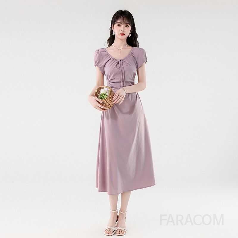 여름 플리츠 드로스트링 롱원피스 슬림핏 여성 드레스 한국 스타일 시원한 착용감 바캉스룩 데일리룩 휴양지원피스 - 상품 이미지