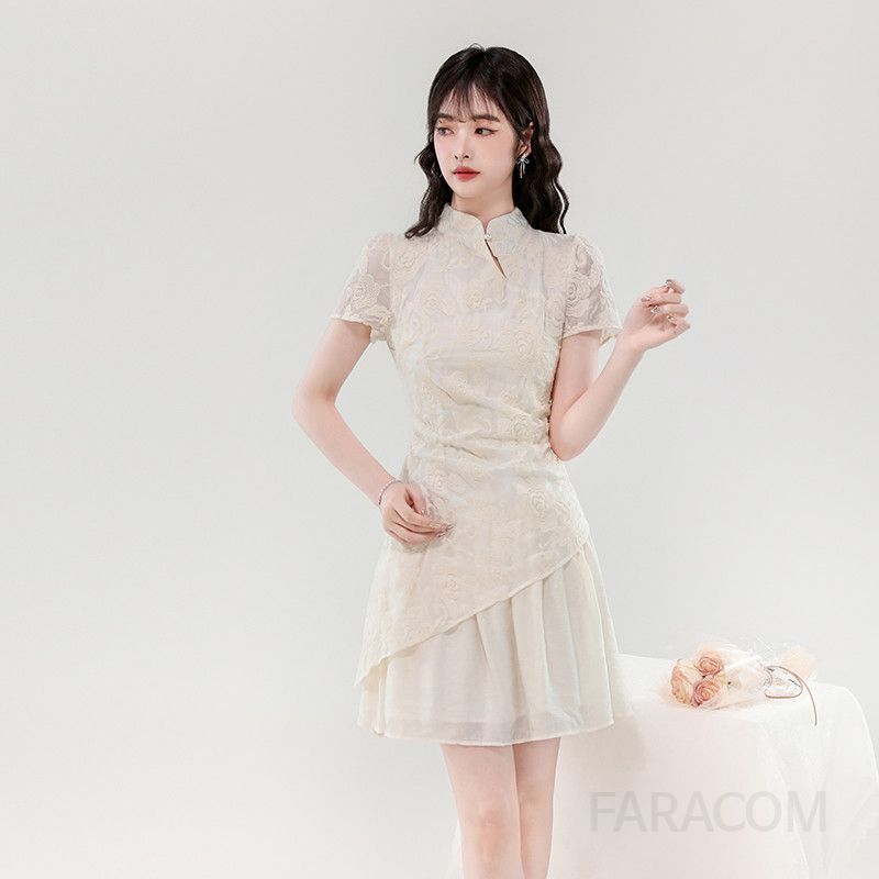 여성 여름 슬림핏 자수 드레스 부드러운 살구색 나이 감소 효과 가짜 투피스 스타일 데일리룩 파티룩 결혼식 피로연 활용도 높은 디자인 - 상세 이미지 3