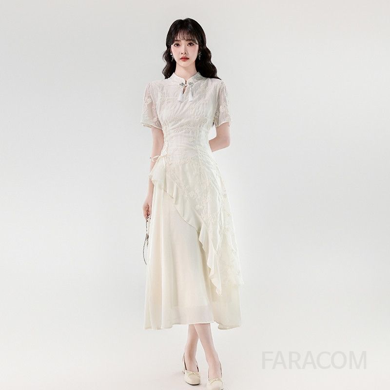 여름 개량형 치파오 롱 드레스 슬림핏 불규칙 디자인 여성 원피스 바캉스룩 휴양지룩 여름패션 시원한 착용감 스타일리시한 외출용 - 상품 이미지