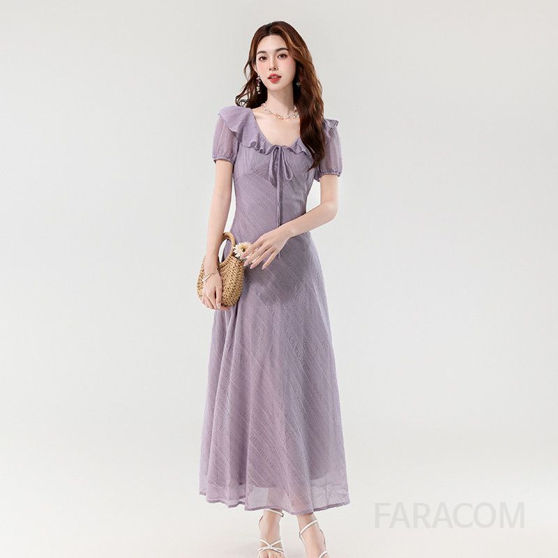 여름 휴양지룩 우아한 연꽃잎 칼라 여성 롱 드레스 슬림핏 바캉스원피스 시원한 착용감 스타일리시한 외출용 원피스 - 상품 이미지