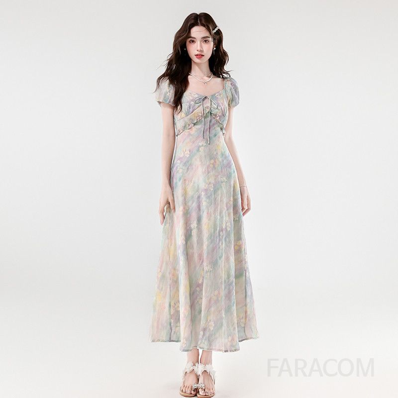 여성 여름롱원피스 우아한 V넥 플라워 프린트 로맨틱 드레스 휴양지룩 바캉스룩 데일리 스타일 - 상품 이미지