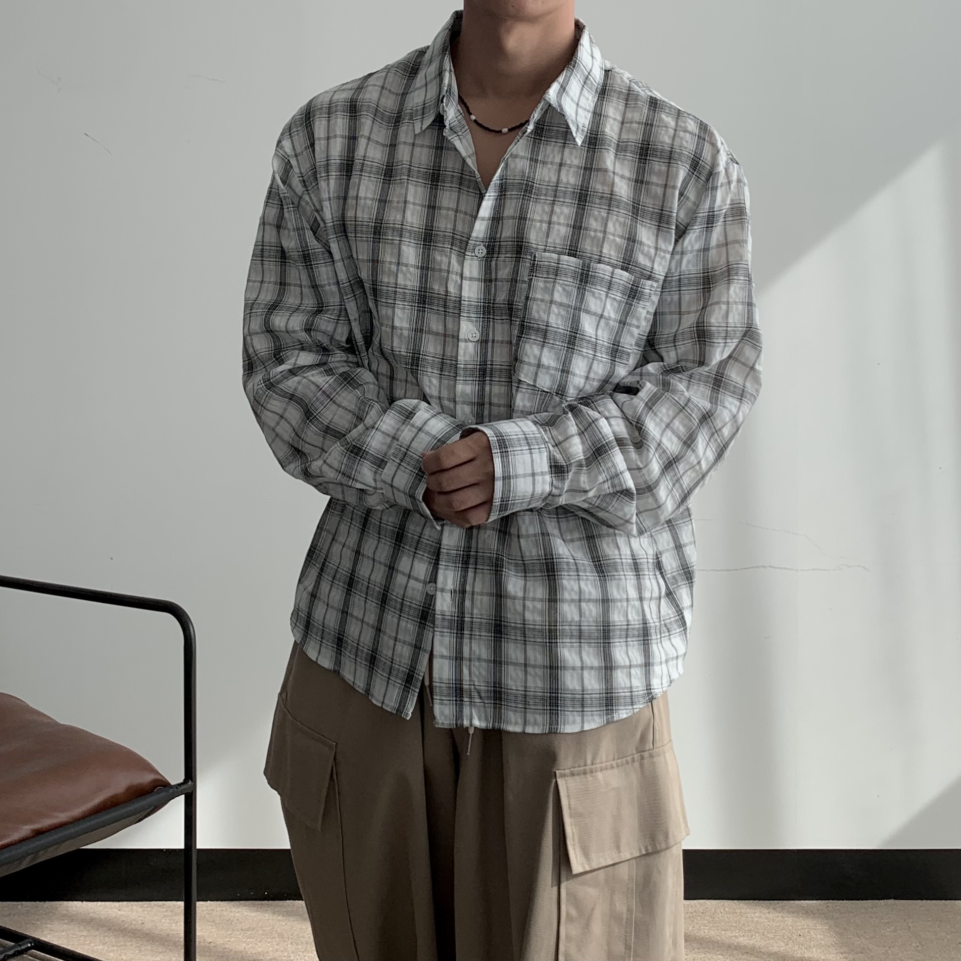 남자가을남방 남자체크남방 구김없는셔츠 - 상품 이미지