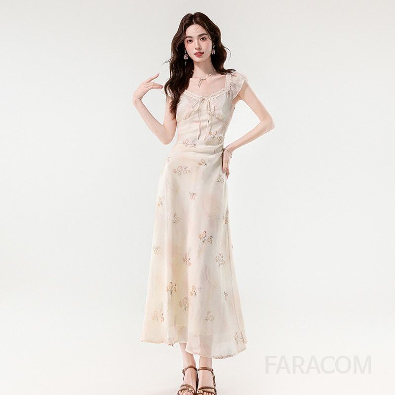 여름 프렌치 스타일 V넥 레이스 슬림 롱 원피스 여성 비치웨어 바캉스룩 민소매 드레스 시원한 착용감 여행룩 - 상세 이미지 3