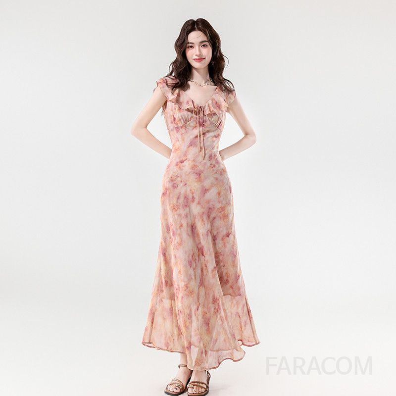 여성 여름 플로럴 V넥 롱원피스 타이 웨이스트 슬림핏 바캉스룩 휴양지원피스 시원한 착용감 데일리 스타일링 추천 - 상품 이미지