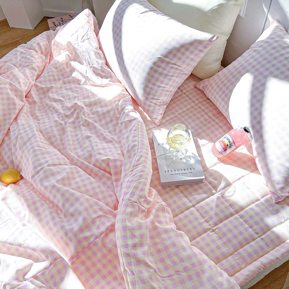 드림체크 먼지없는 사계절 옥수수솜 무봉제 차렵이불세트 핑크 레몬, Q패드세트(이불+베개커버+침대패드)