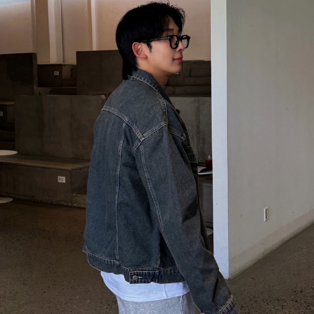 남자 키래 오버핏 카라 버튼 데님 자켓 진청 블랙 - 상세 이미지 5