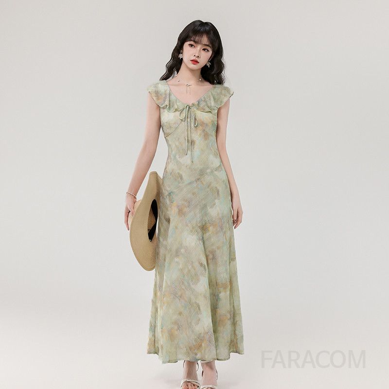 여성 여름 롱 드레스 우아한 주름 장식 플리츠 디자인 날리는 소매 시원한 착용감 바캉스룩 휴양지원피스 여성스러운 스타일링 - 상세 이미지 3