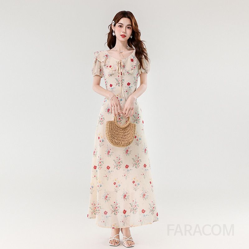 여름 롱 슬림 드레스 작은 꽃무늬 달콤한 연꽃잎 칼라 여성 원피스 휴양지룩 데일리 바캉스룩 시원한 착용감 스타일리시한 디자인 - 상품 이미지