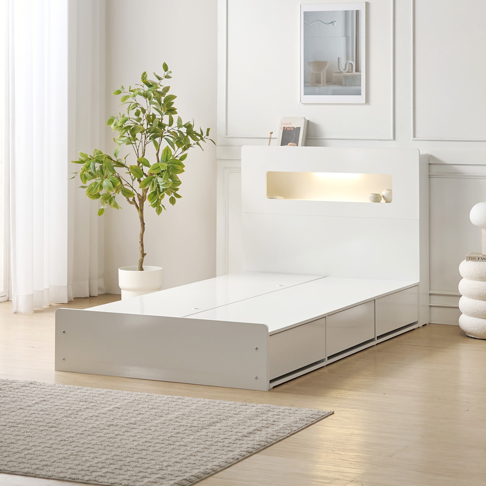 벨루나 침대프레임 4서랍 수납 LED 침대 헤드형, SS(슈퍼싱글), 화이트