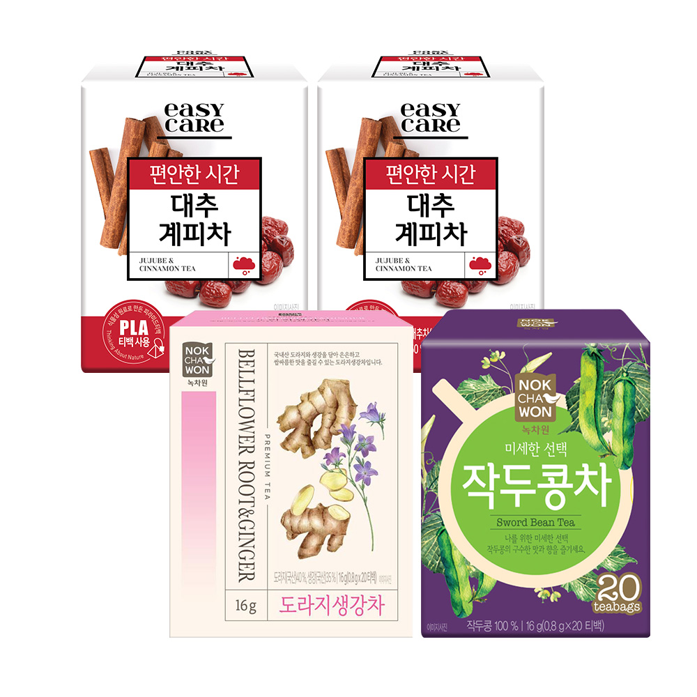 [녹차원] [환절기 면역강화 TEA 총 60티백] 대추계피차 10티백 2팩,도라지생강차20티백 1팩, 작두콩차 20티백 1팩
