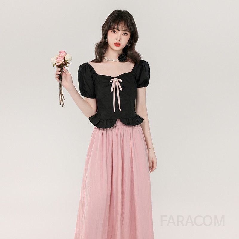 스퀘어 칼라 퍼프 소매 여성 투피스 세트 여름 정장 스타일 하객룩 원피스 리본 디테일 프린세스 감성 데일리룩 세련된 디자인 - 상세 이미지 3