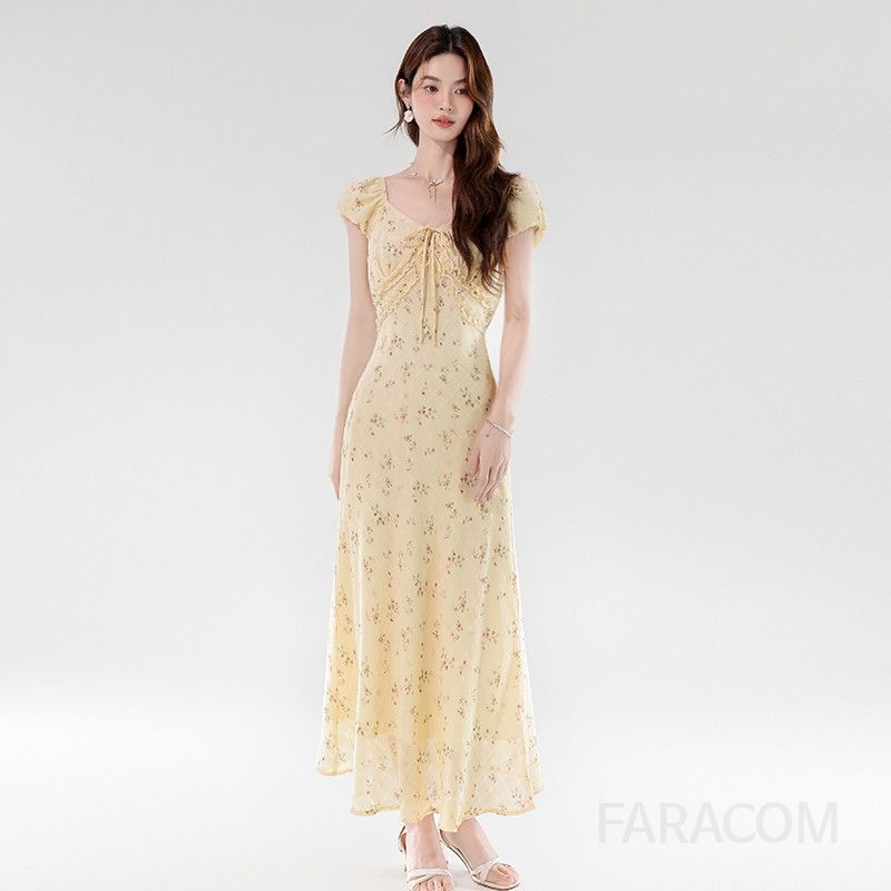 여성 여름 롱 플라워 드레스 우아한 V넥 레이스업 스타일 바캉스룩 휴양지원피스 시원한 착용감 데일리 패션 - 상품 이미지