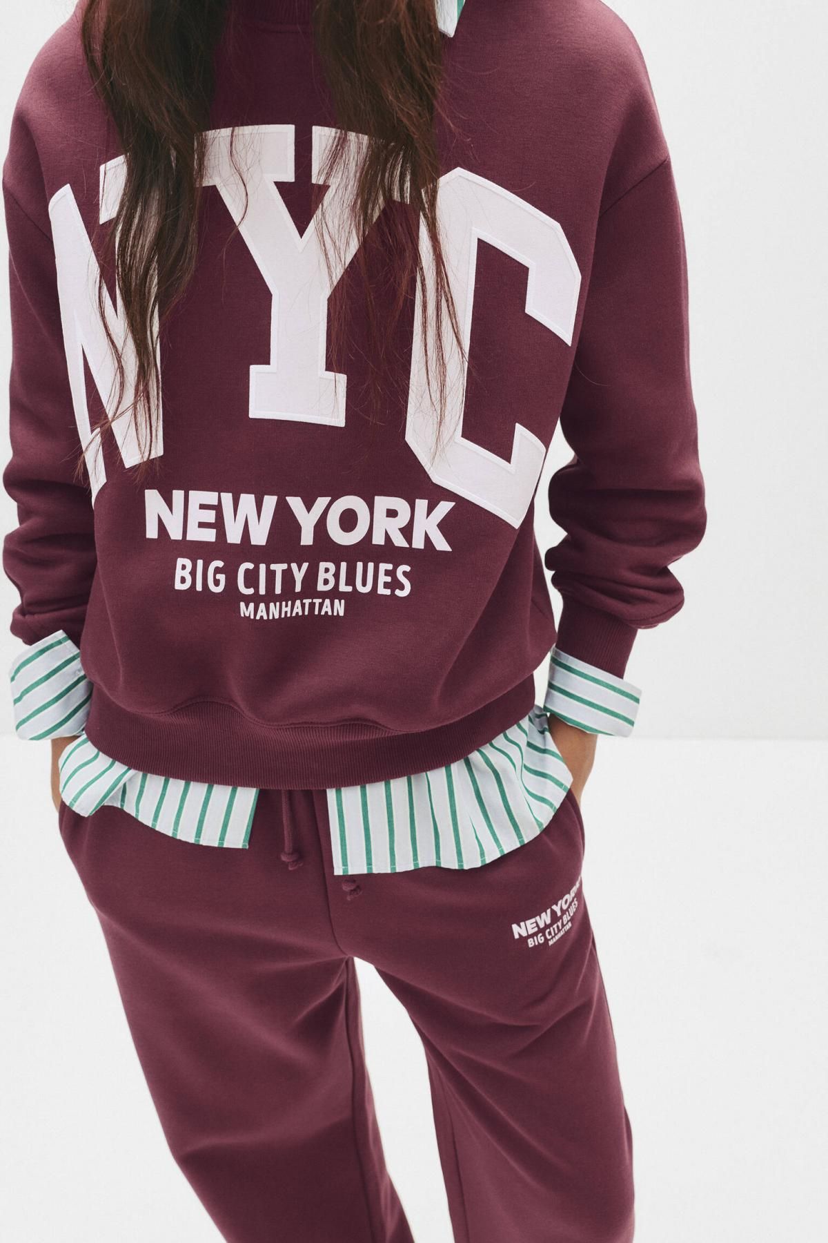 풀앤베어 버건디 루즈핏 NYC 바시티 스웨트셔츠 7560/328 BURGUNDY - 상세 이미지 5