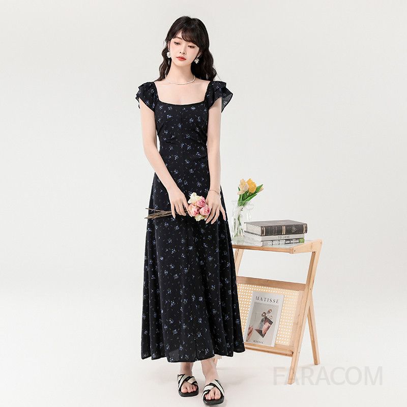 여름 스퀘어넥 드로스트링 롱원피스 우아한 플로럴 레이스업 디자인 휴양지룩 바캉스룩 여성용 스타일리시한 착용감 부드러운 소재 매력적인 데일리 드레스 - 상세 이미지 2