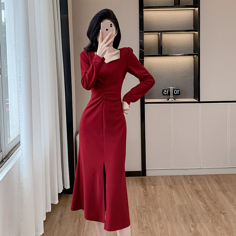 가을 스퀘어 칼라 슬림핏 롱 피쉬테일 원피스 엘라스틱 슬릿 디자인 여성 드레스 심플한 스타일 하객룩 여성원피스 - 상세 이미지 2