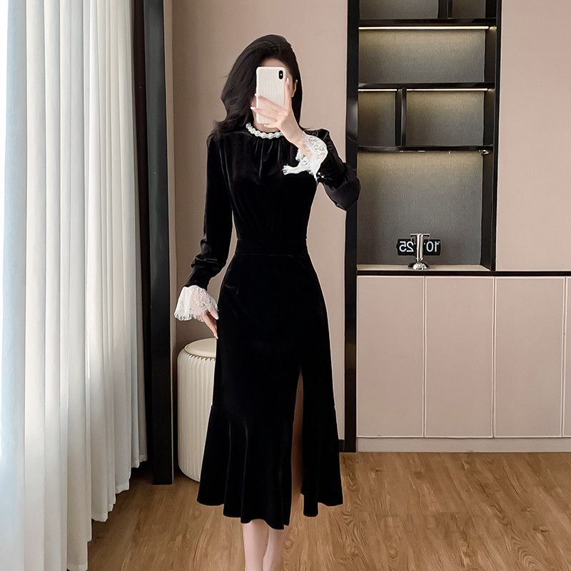 가을 여성 벨벳 드레스 슬림핏 진주 레이스 힙랩 머메이드 스타일 파티룩 우아한 롱 원피스 특별한 날을 위한 세련된 디자인 - 상세 이미지 2