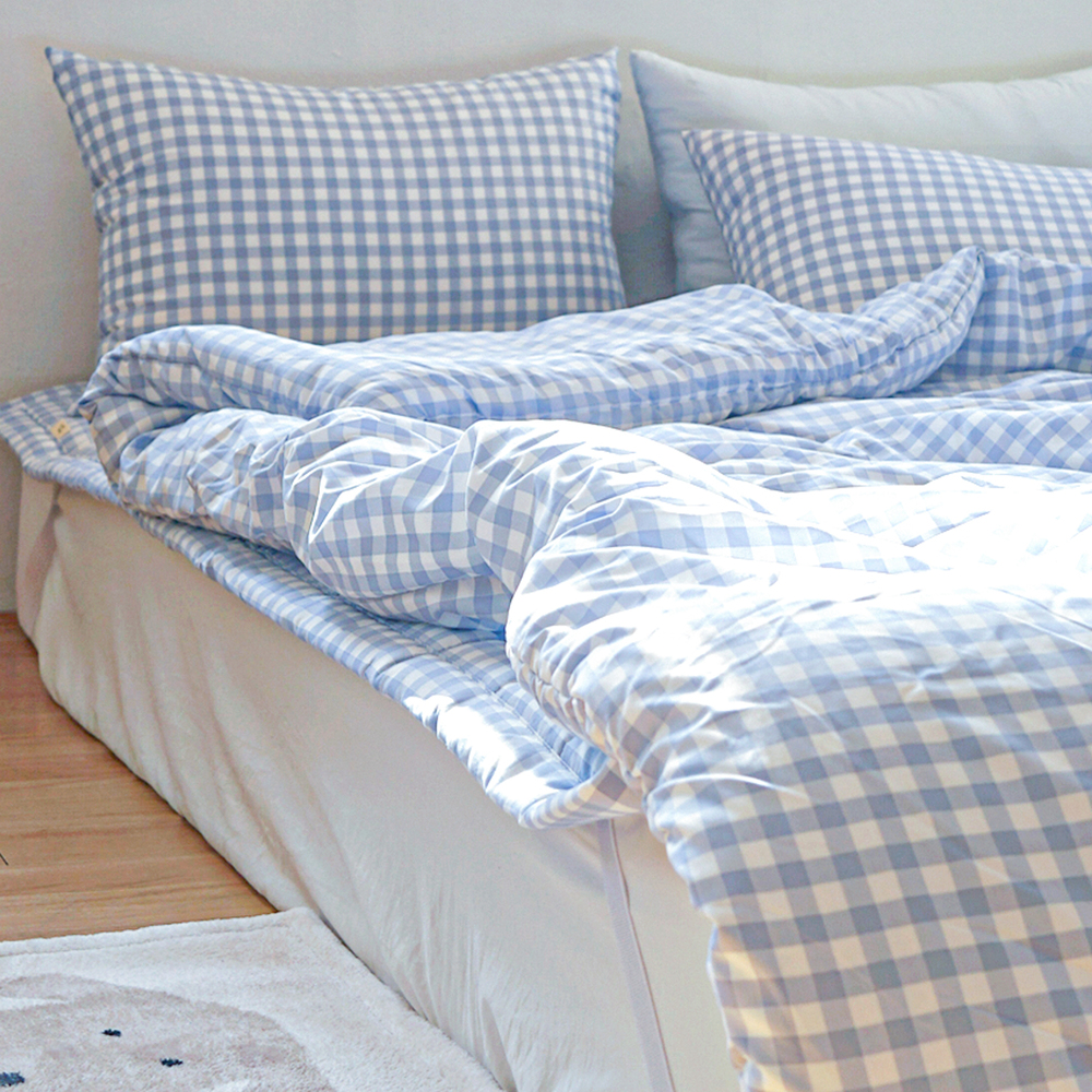 드림체크 먼지없는 사계절 옥수수솜 무봉제 차렵이불세트 소프트 블루, SS베이직세트(이불+베개커버)