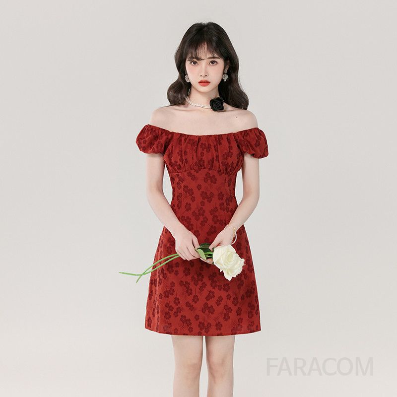 레드 플라워 퍼프 슬리브 미니 A라인 드레스 여름 파티룩 슬림핏 스퀘어넥 스타일 여성스러운 디자인 데일리 착용감 좋고 시원한 분위기 연출 - 상세 이미지 2