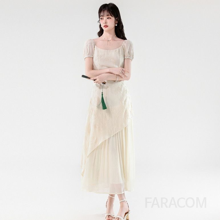 스퀘어 칼라 슬림 롱 드레스 여름 우아한 디자인 바캉스룩 여성용 휴양지 원피스 시원한 착용감 스타일리시한 외출용 - 상세 이미지 4