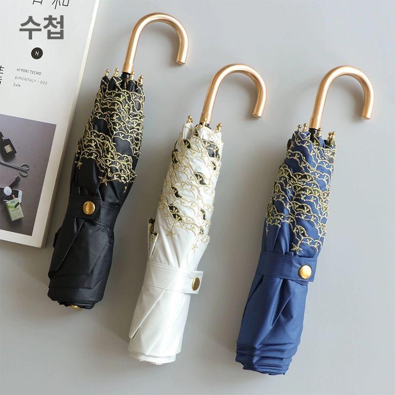 접이식 3단 양산 수동 차광 암막코팅 플라워 여름 겸 남자 양우산 우산 3단우산 양산우산 베이지화이트 스타 자수 UPF50+ - 상세 이미지 4