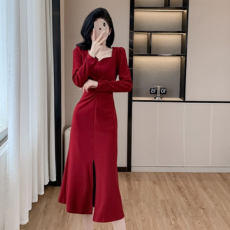 가을 스퀘어 칼라 슬림핏 롱 피쉬테일 원피스 엘라스틱 슬릿 디자인 여성 드레스 심플한 스타일 하객룩 여성원피스 - 상세 이미지 5