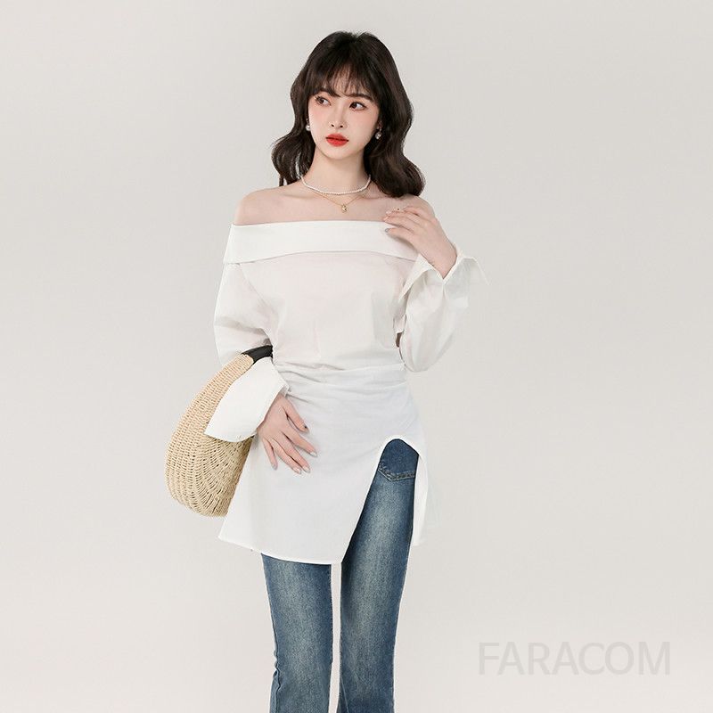 화이트 블라우스 여성 가을 허리 슬릿 긴팔 셔츠 스타일리시한 디자인 데일리 룩 고급스러운 착용감 캐주얼한 외출용 - 상품 이미지