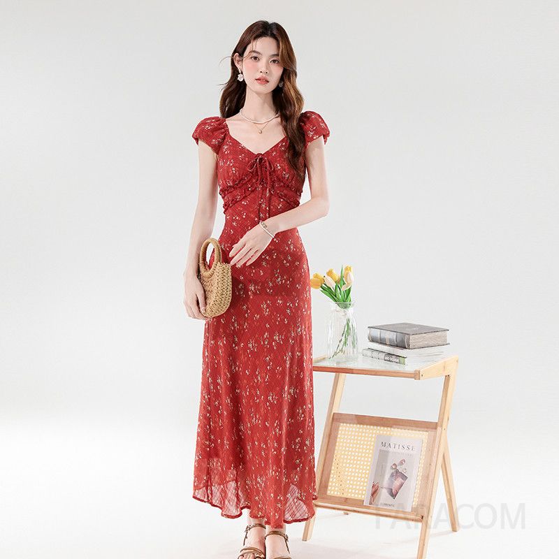 여성 여름 롱 플라워 드레스 V넥 레이스업 스타일 우아한 디자인 시원한 착용감 데일리룩 바캉스룩 휴양지룩 매력적인 여성원피스 - 상품 이미지