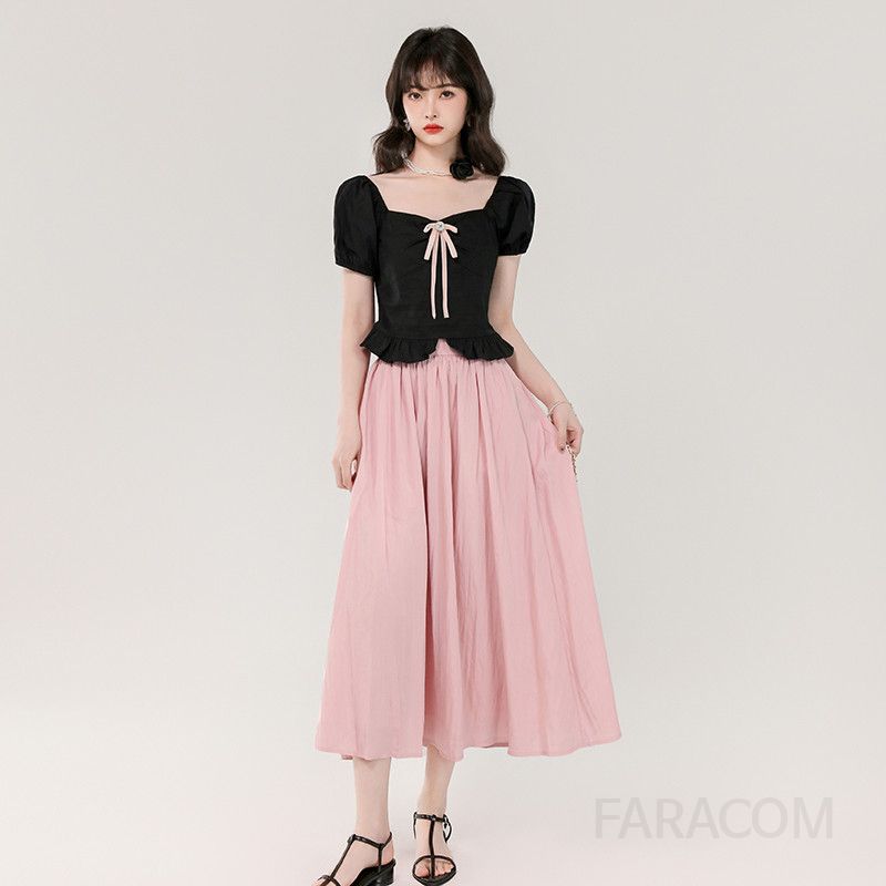 스퀘어 칼라 퍼프 소매 여성 투피스 세트 여름 정장 스타일 하객룩 원피스 리본 디테일 프린세스 감성 데일리룩 세련된 디자인 - 상품 이미지